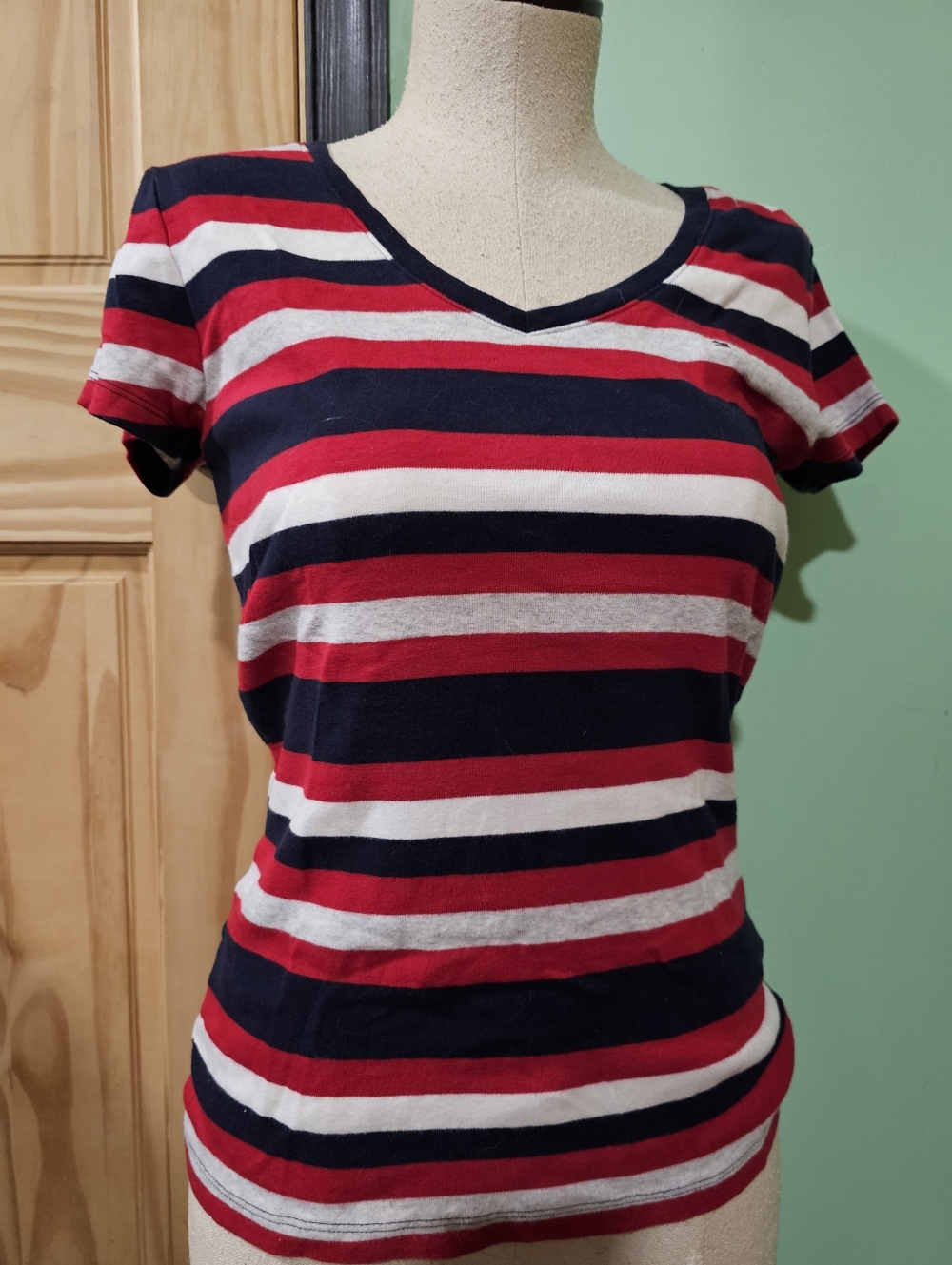 Tommy Hilfiger Striped V-Neck Women's Tee in Red, Navy & White